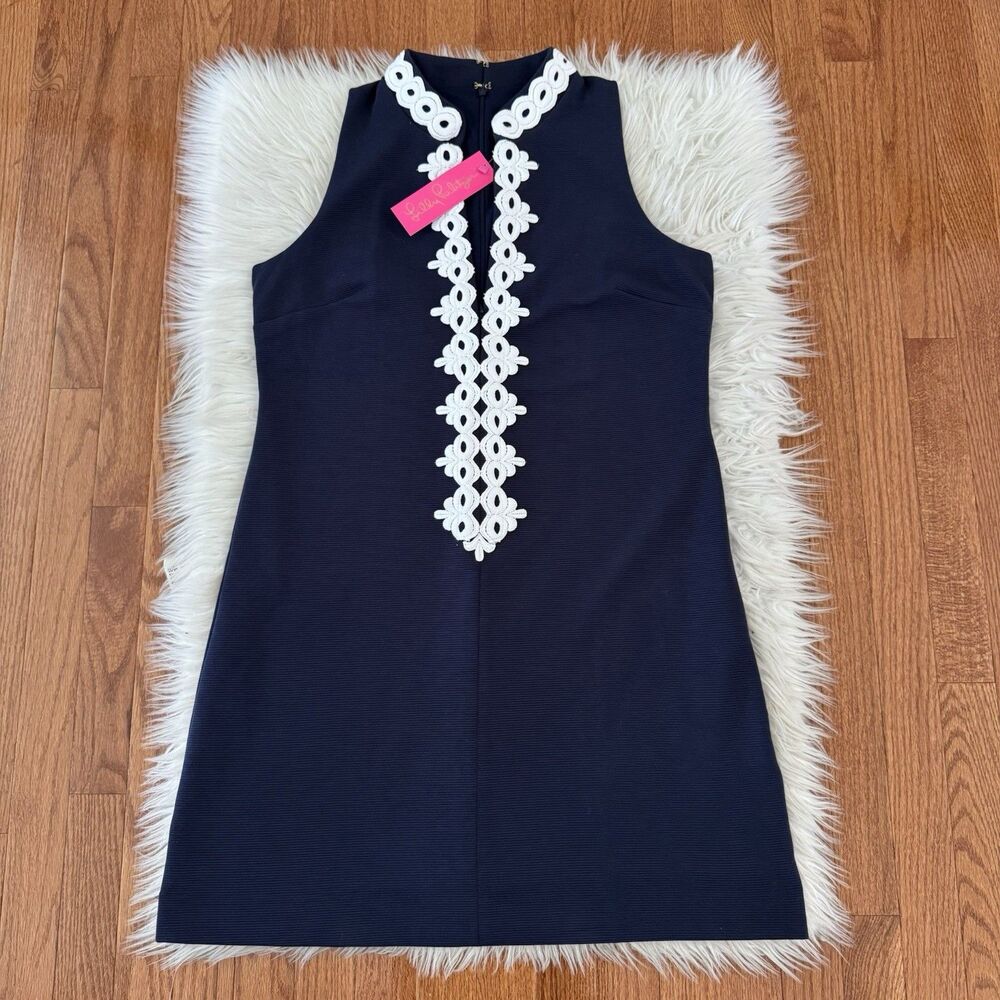 Lilly Pulitzer Callista Shift Dress Womens Large Navy Sleeveless Embroidered NWT